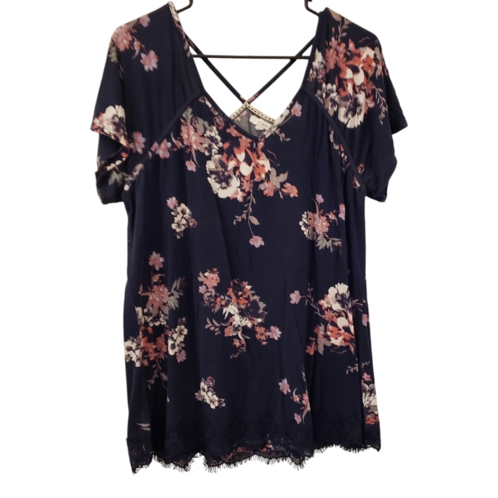 Navy Floral Lace-Hem Short Sleeve Women's Top